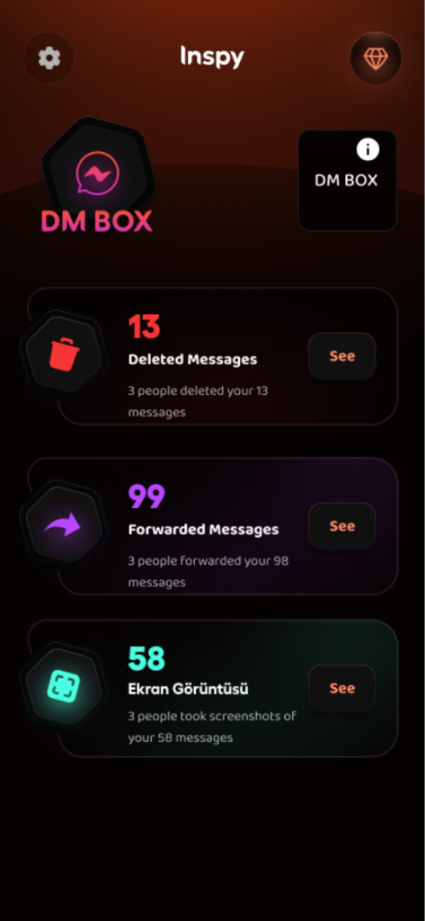 Reports by InSpy interface showing analytics for deleted messages forwarded messages and screenshots of direct messages