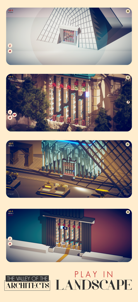 The Valley of the Architects - Collection de quatre captures d'écran de paysage de La Vallée des Architectes présentant des puzzles isométriques de diorama architectural