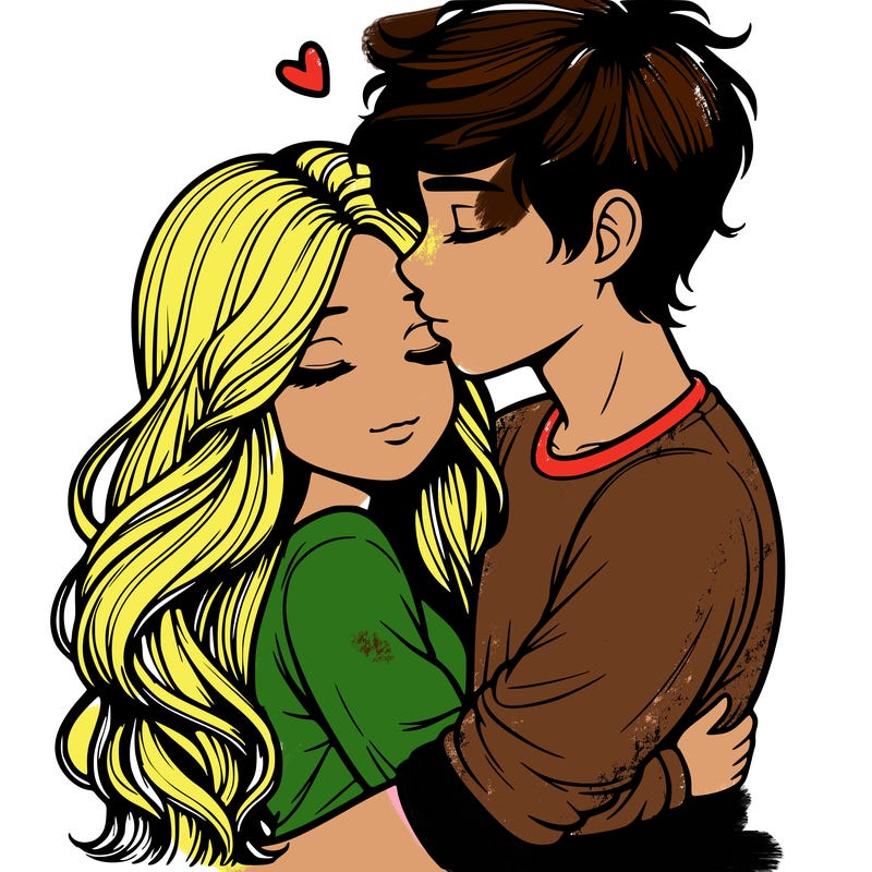 a realistic couple boy and girl hugging and kissing