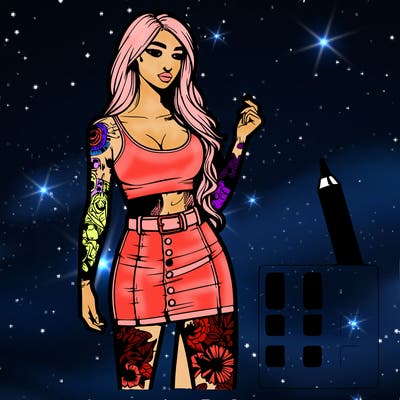 realistic woman with tatoos with mini skirt