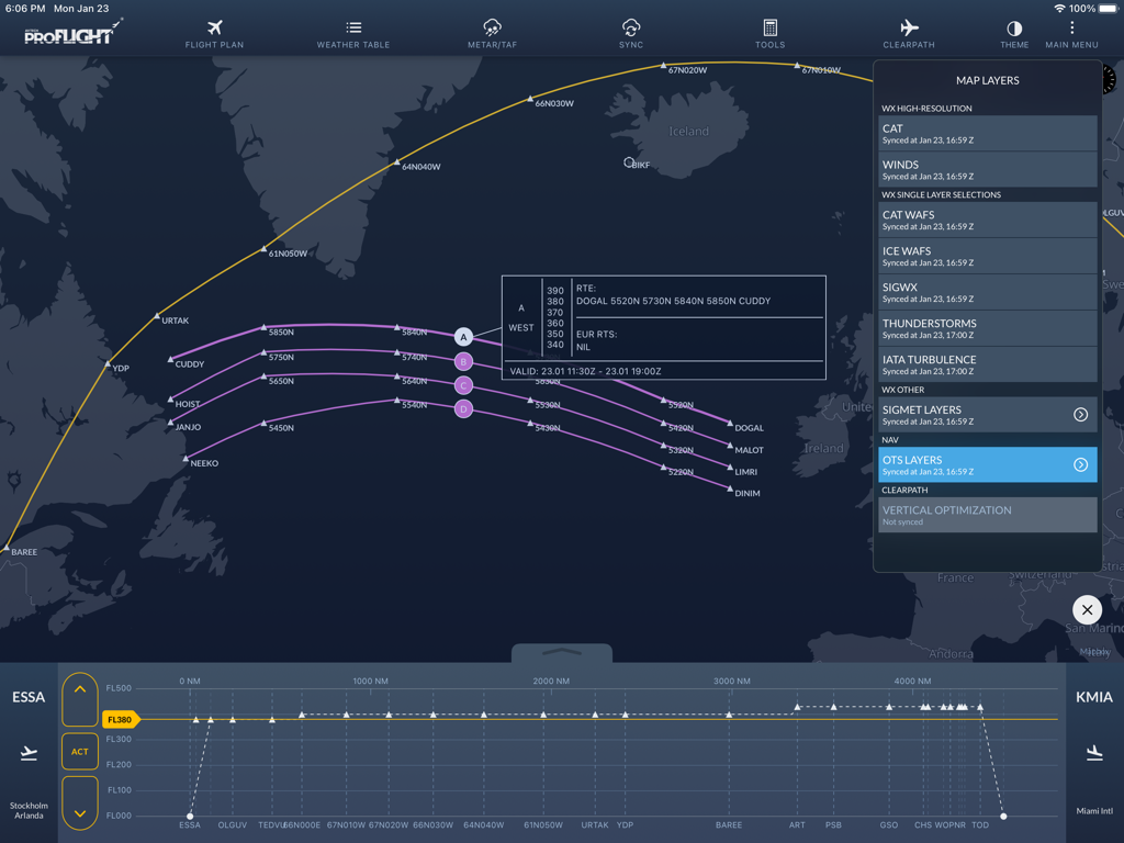 Interface de carte horizontale et de profil de vol vertical AVTECH proFLIGHT