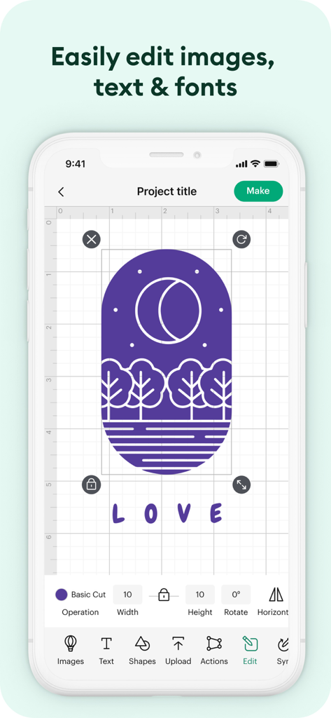 Interfaccia dell'app Cricut Design Space che mostra l'editor di immagini e testo con una grafica naturale e la parola LOVE