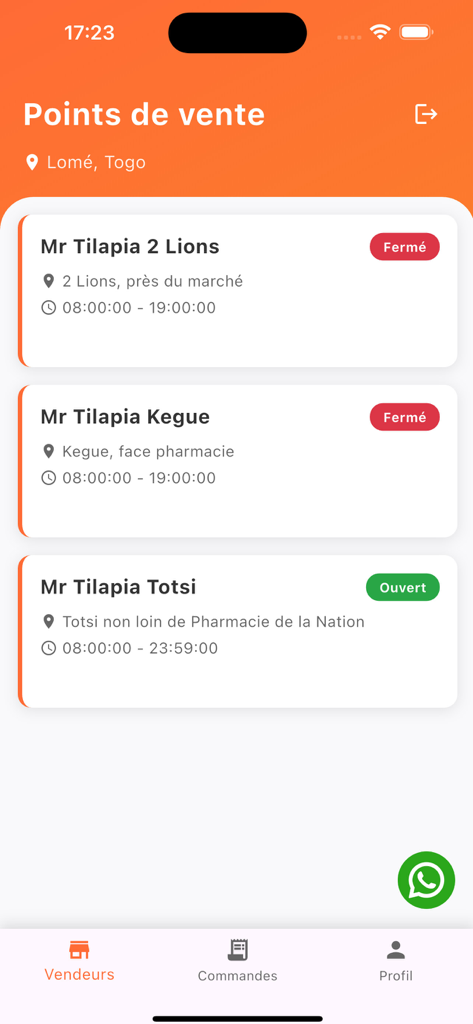 Mr Tilapia - List of Mr Tilapia restaurant branches in Lome showing their opening status and operating hours