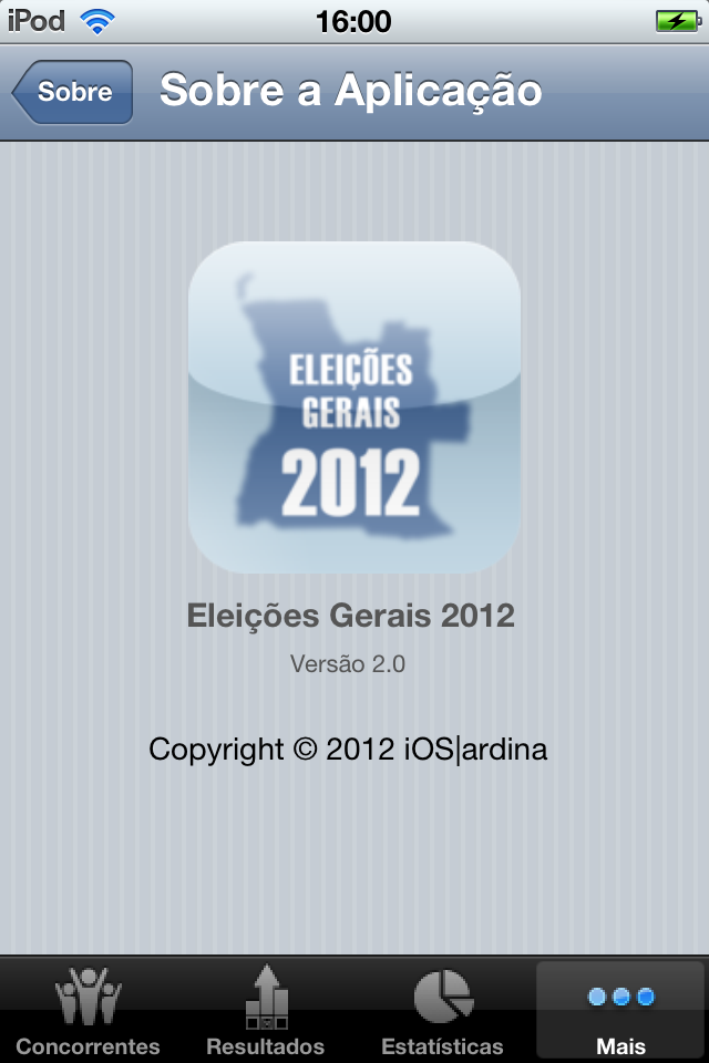 Ecrã sobre a aplicação móvel Eleições Gerais 2012 mostrando a versão 2.0 e informações de direitos de autor