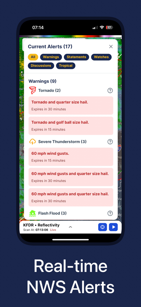 WeatherWise.app - Interfaz de la aplicación WeatherWise que muestra alertas del NWS en tiempo real para clima severo, incluidas advertencias de tornado y tormenta eléctrica