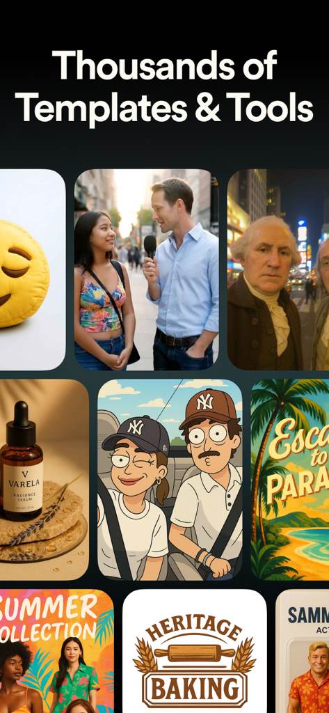 AI Canvas - AI Image Generator - A collage showing diverse AI-generated styles including logos, cartoons, product photos, and posters