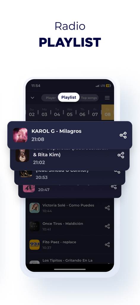 Radio Uruguay - Radio Online - Mobile app interface showing a list of recently played songs with artist names and timestamps on an Uruguayan radio station