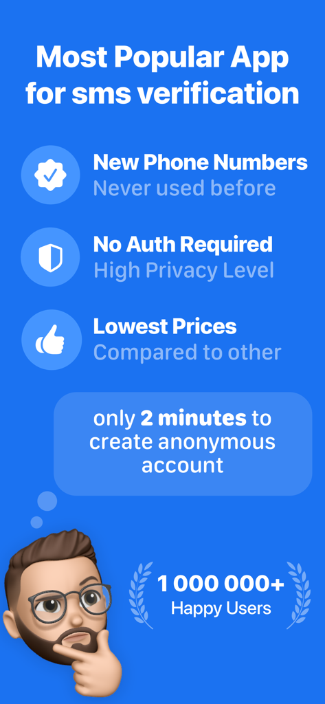 SMS Virtual app features showing privacy benefits and fast anonymous account creation.