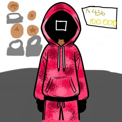 faceless girl in a tracksuit with a hood on and no hair
