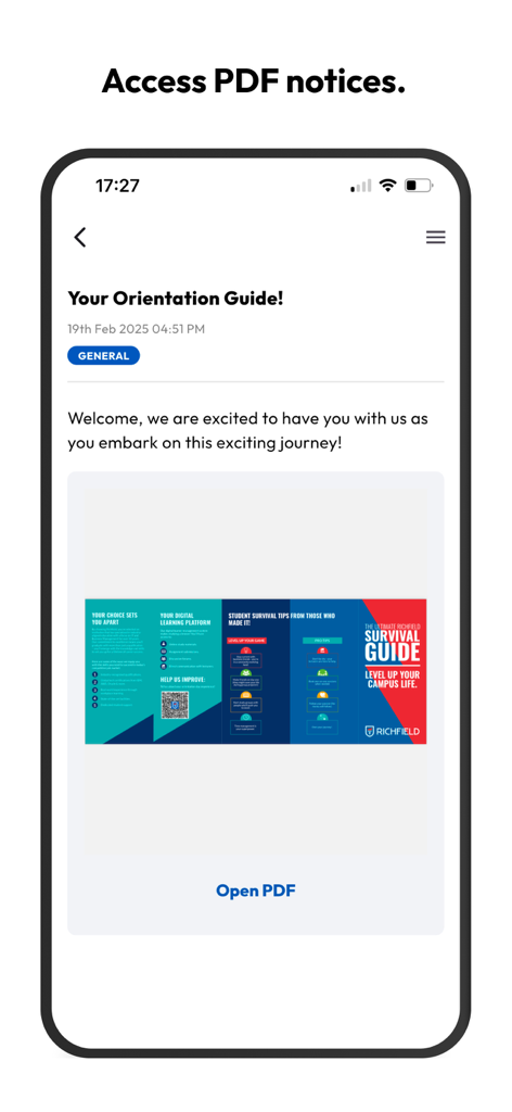 Richfield Education - Orientation guide screen in the Richfield Education app with a button to open a PDF notice