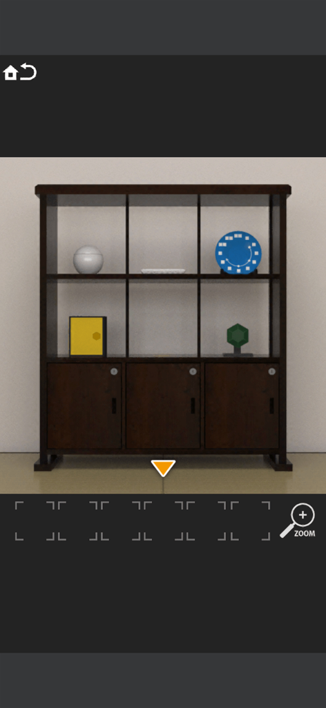 A dark wooden shelving unit in a room escape game containing several puzzle objects and locked cabinets