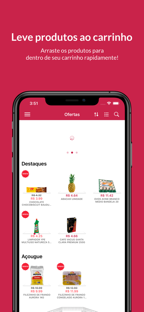 Casa Santa Luzia - Casa Santa Luzia mobile app interface displaying a list of discounted grocery products and a drag to cart feature.