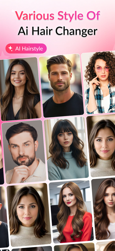 AI Hairstyle Try On: Color Cut - A display of various hairstyles for men and women using the AI hair changer app