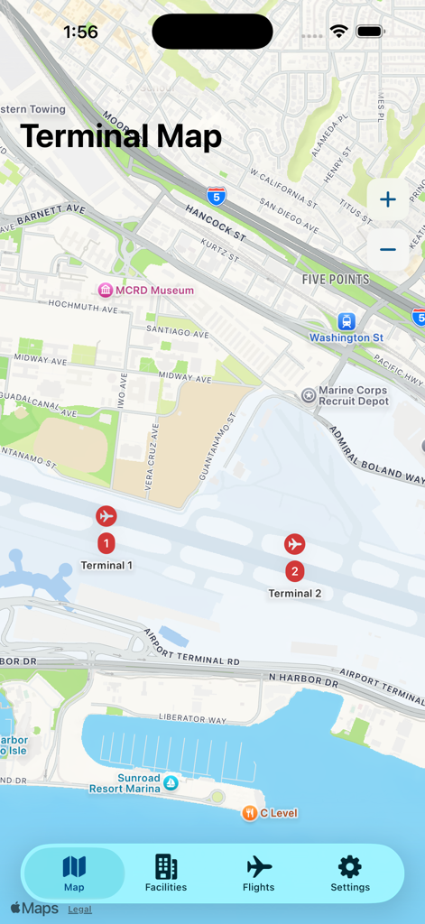 Interactive terminal map of San Diego International Airport showing Terminal 1 and Terminal 2