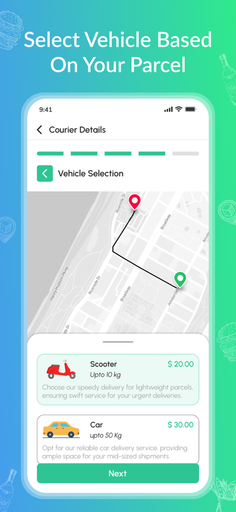 Fox-Delivery Anythingアプリの荷物配送用の車両選択画面。
