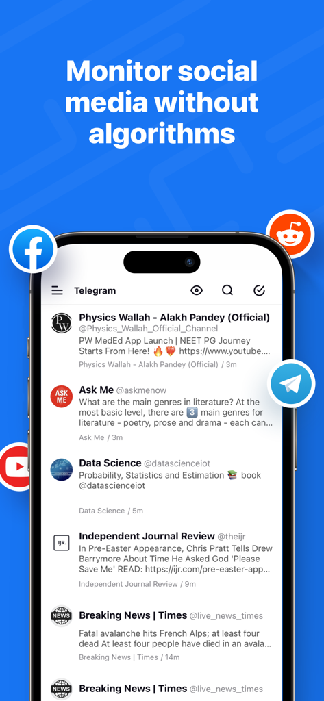 Inoreader: News & RSS reader - 알고리즘 없이 Telegram 및 Reddit과 같은 소셜 미디어의 통합 뉴스 피드를 보여주는 Inoreader 모바일 앱 인터페이스.