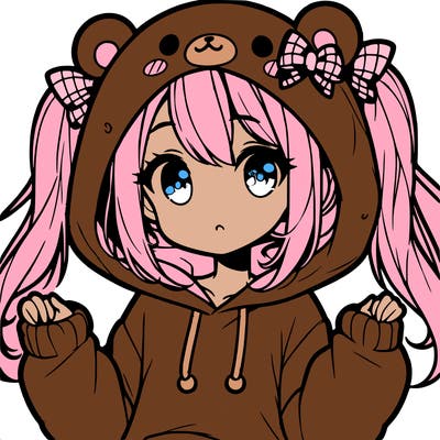 cute anime girl with ponytails and a cute bear hoodie