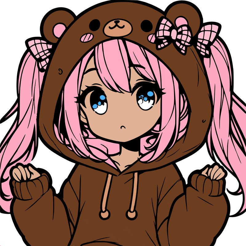 cute anime girl with ponytails and a cute bear hoodie