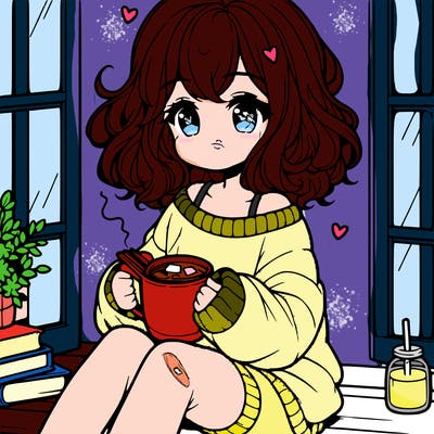 cute anime girl reading book and drinking hot chocolate from mug with loose wavy hair wearing a baggy sweatshirt and shorts sitting by windowsill looking out
