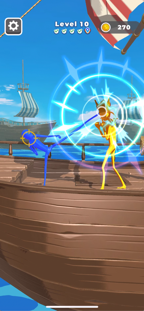A blue stickman character performing a long stretching kick against a golden opponent on a pirate ship deck