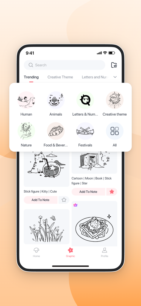 Phomemo - Interfaz de la aplicación Phomemo que muestra categorías de plantillas de pegatinas de arte lineal bonitas para journaling y organización.
