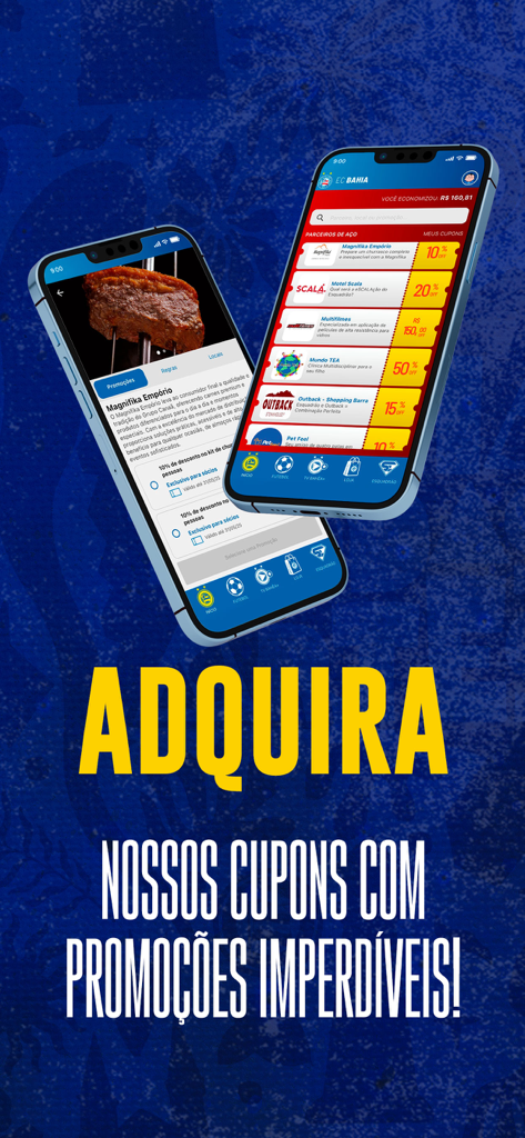 EC Bahia - Pantallas de la aplicación móvil que muestran la red de descuentos para socios del EC Bahia y cupones exclusivos para fans.