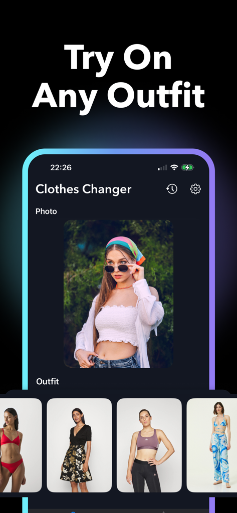 AI Clothes Changer + - App screen showing AI Clothes Changer virtual dressing room with outfit selection