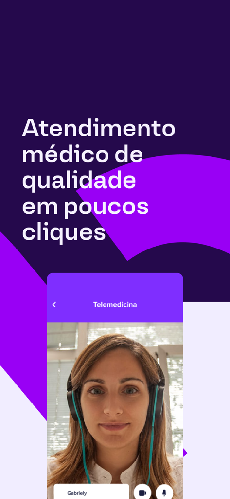 Amplimed: Agendar consulta - Um smartphone exibindo uma sessão de videochamada de telemedicina no aplicativo Amplimed com texto em português sobre atendimento médico de qualidade.