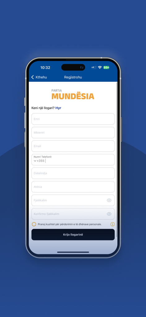 Mundësia - Registration screen for the Mundesia political party app showing a sign up form in Albanian