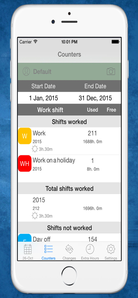Shift Cal - CuadraTurnos PRO - A screenshot of the Shift Cal PRO app showing the Counters tab with detailed work shift statistics and total hours worked for the year.