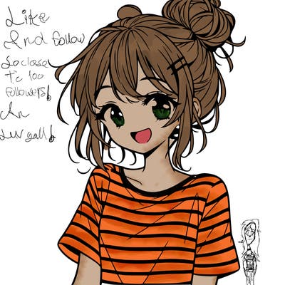 anime girl teenager striped shirt and smile and messy bun