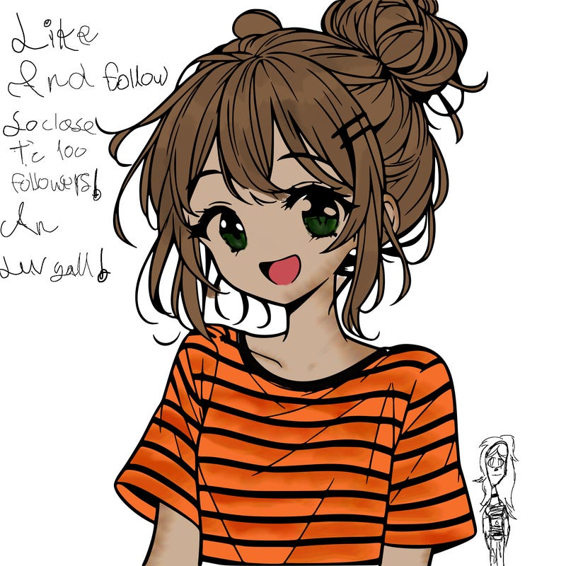 anime girl teenager striped shirt and smile and messy bun