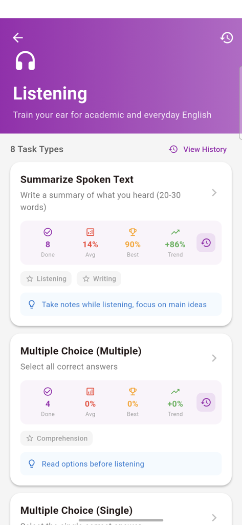 PTE Core 2026 Mock Exam - PTE Core 2026 app interface showing listening section task types and progress statistics