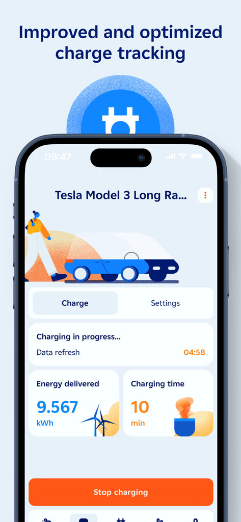 IZIVIA app dashboard showing live charging progress and energy consumption for an electric vehicle
