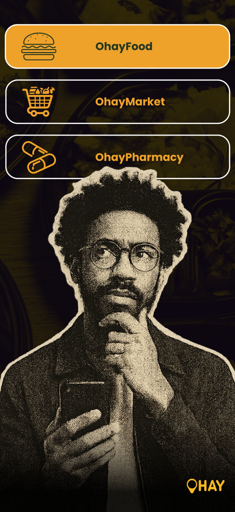 Ohay | Food & Grocery Delivery - Ohayアプリのフードマーケットや薬局などのサービスオプションを検討しているスマートフォンを持つ男性