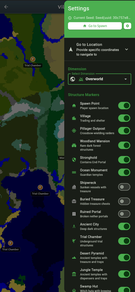 SeedMap - Explore Your Seeds - Settings menu in SeedMap showing toggles for Minecraft structure markers like villages and strongholds