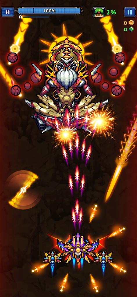 Boss battle gameplay in Falcon Squad Space Arcade with pixel graphics