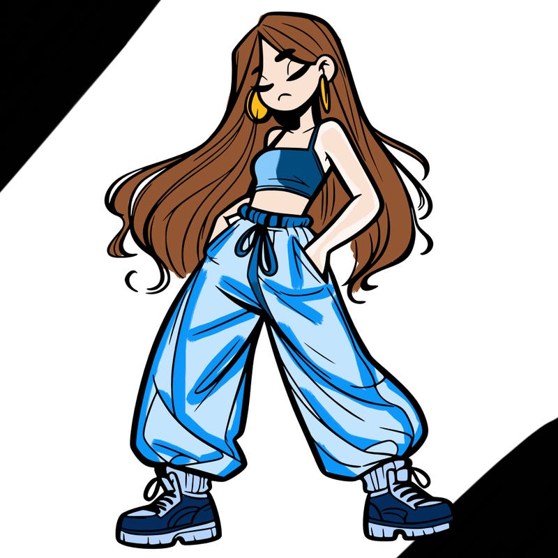 girl in baggy pants crop top and long hair