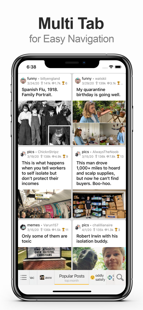 MultiTab for Reddit app interface featuring a grid view of posts and multiple navigation tabs on an iPhone.
