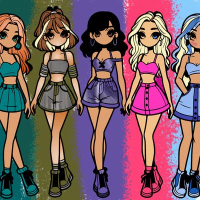 5 girls in crop tops and skirts
