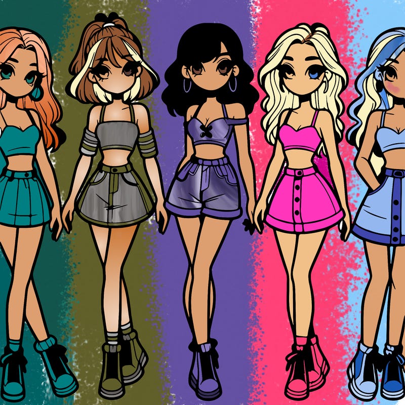 5 girls in crop tops and skirts