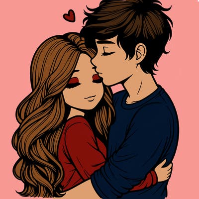a realistic couple boy and girl hugging and kissing