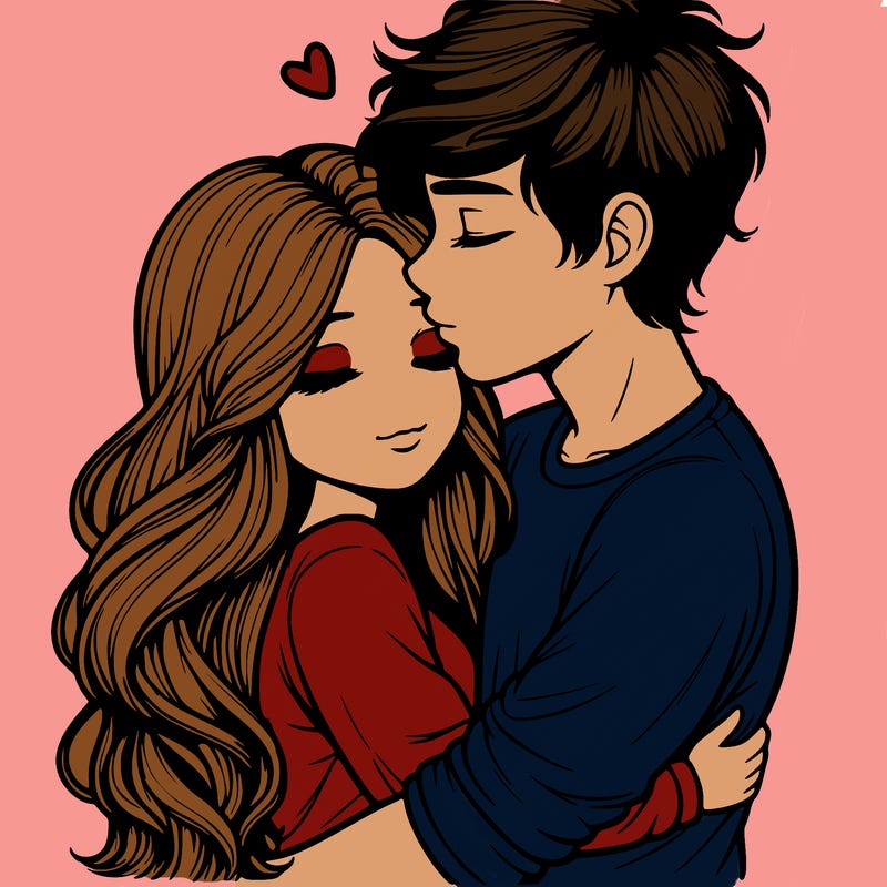 a realistic couple boy and girl hugging and kissing