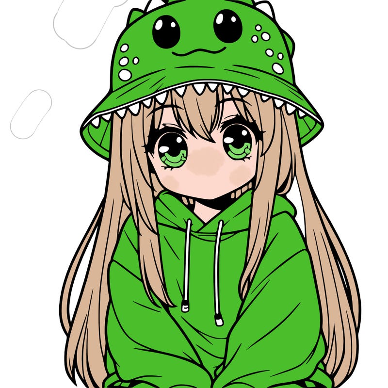 girl with anime shaped eyes with a dinosaur bucket hat oversized sweatshirt long straight hair
