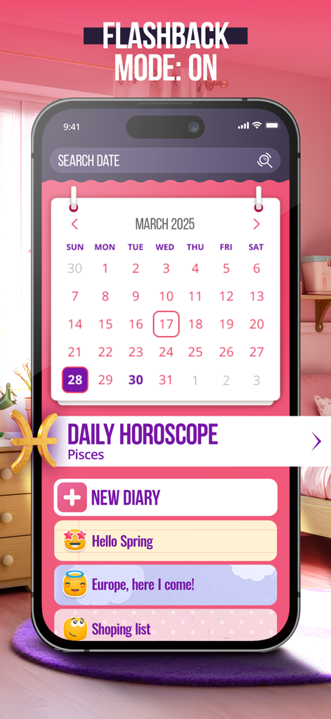 My Super Secret Diary Notes - A pink and purple mobile app interface for My Super Secret Diary Notes showing a March 2025 calendar, a daily horoscope for Pisces, and a list of diary entries with emojis.
