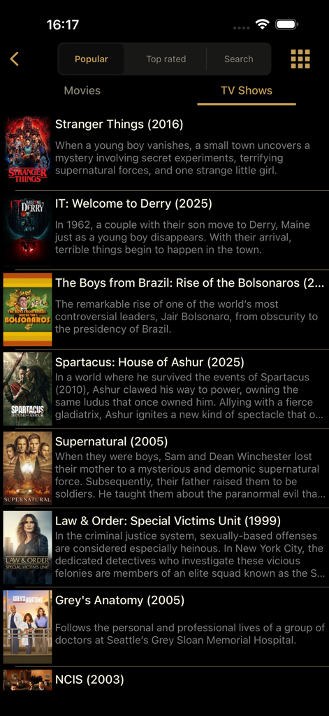 Watched TV: Movies & TV Shows - Interfaz de la aplicación Watched TV que muestra una lista de series de televisión populares, incluyendo Stranger Things y Grey's Anatomy