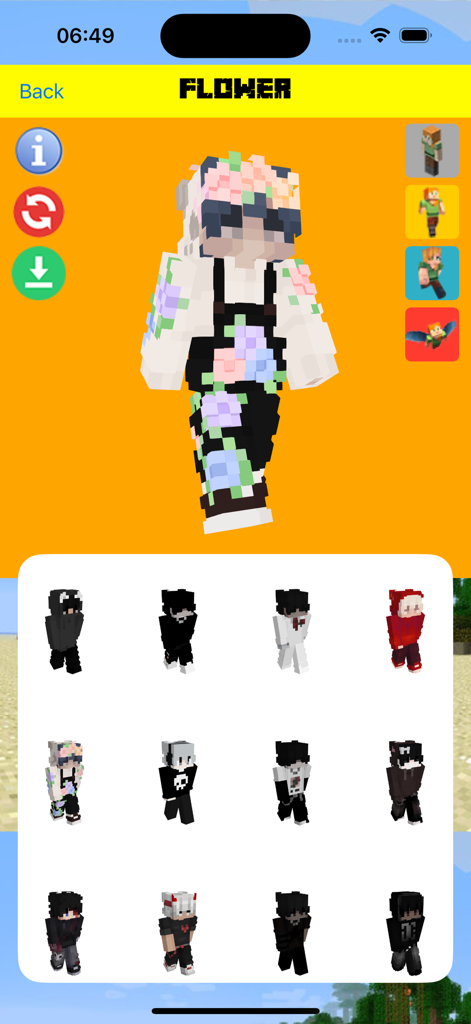 Aesthetic Skins for Minecraft - Interactive 3D preview of a flower themed aesthetic skin in a Minecraft skin catalog.