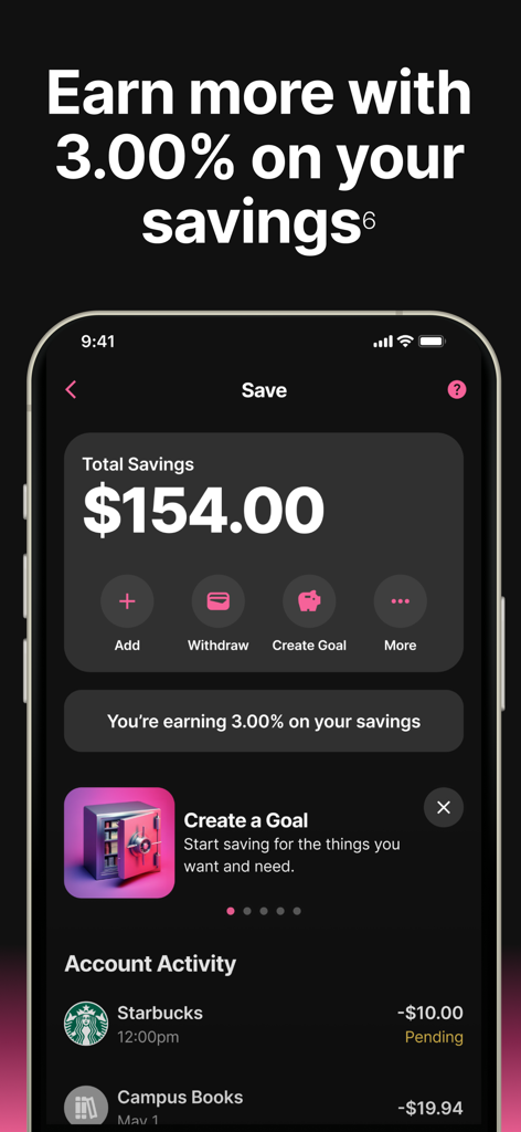 Step: Borrow & Build Credit - Step 모바일 앱 저축 화면에 154달러 잔액 및 3% 이자율 표시