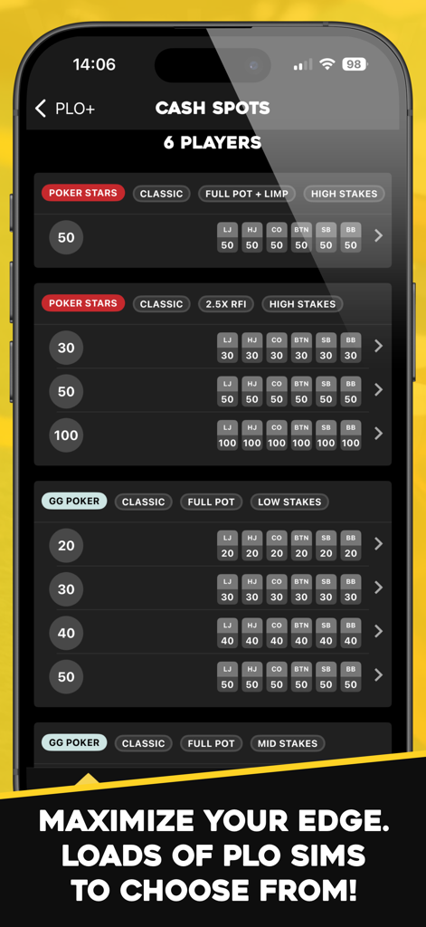 PLO+: Pot Limit Omaha Trainer - PLO+ mobile app cash spots screen displaying GTO simulations for PokerStars and GG Poker across various stack depths