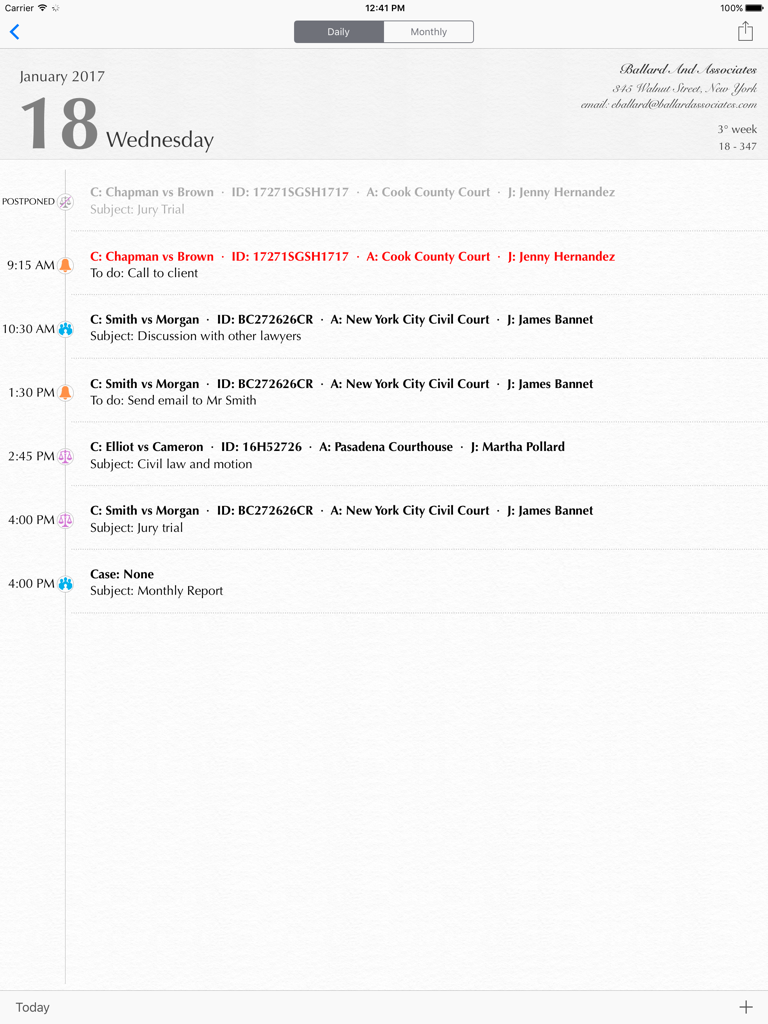 Lawyer's Planner - Daily schedule view showing case names court locations and hearing times in the Lawyers Planner app